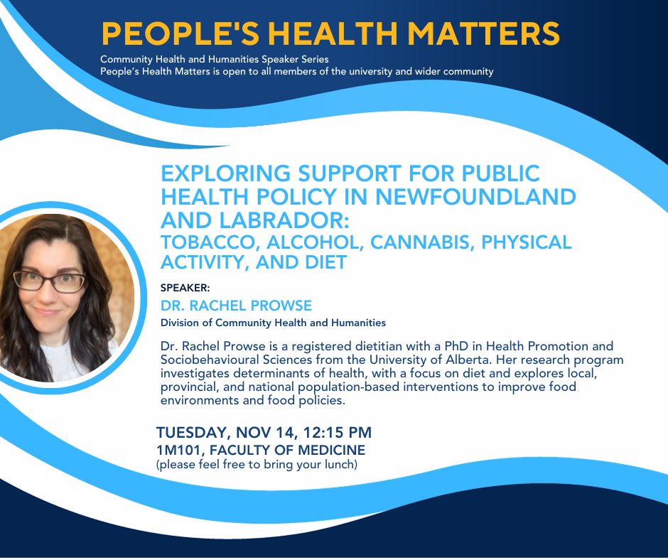 Graphic for Peoples Health Matters poster for November 14, 2023 – Dr. Rachel ProwseNovember 14, 2023 – Dr. Rachel Prowse